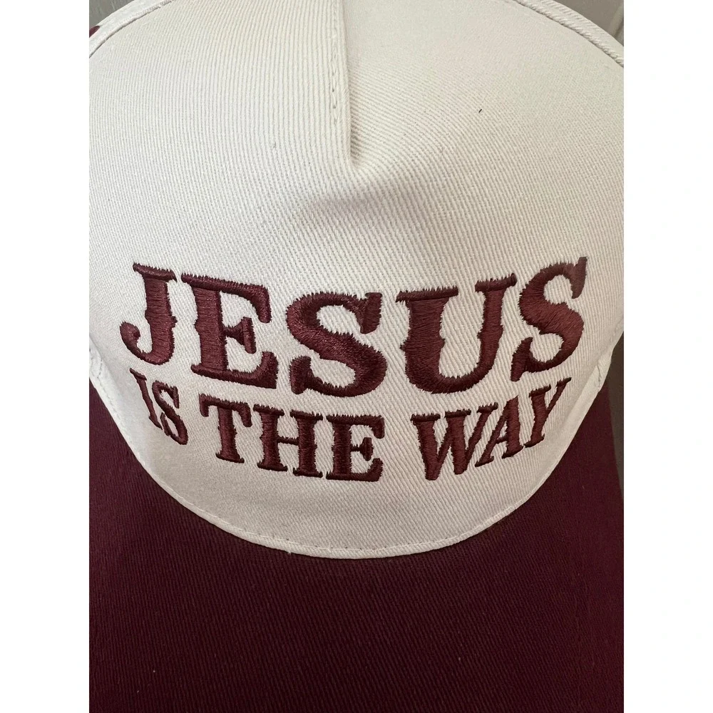 Jesus Is The Way Christian Baseball Cap Hat Cream Burgundy Embroidered Trucker